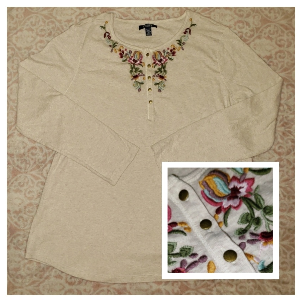 CHAPS Floral Embroidered Henley Long Sleeved Top